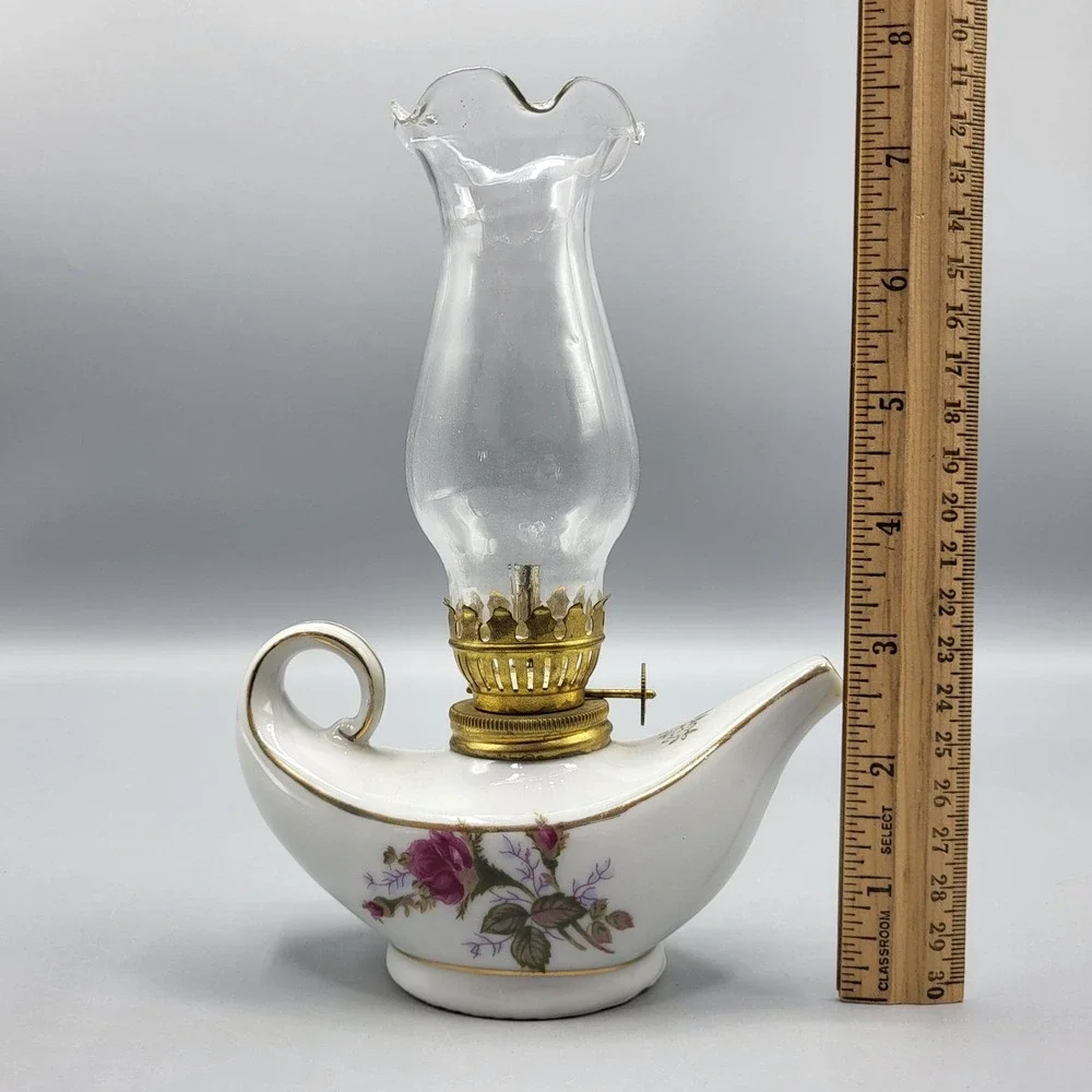 Vtg Genie Aladdin Mini Porcelain Oil Lamp Moss Rose Gold Trim Japan 7.5
